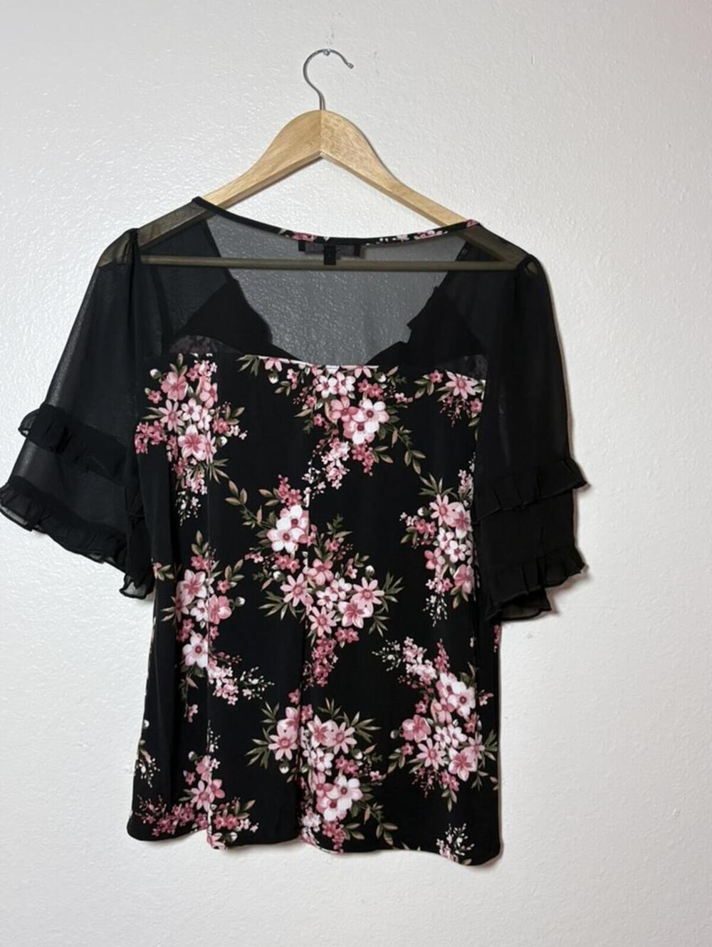 Atelier 29 Black Floral Chiffon Ruffle Sleeve Blouse Tie Front Size Large - Picture 2 of 8